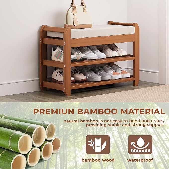 27.6" Bamboo Shoe Bench with Cushion, 5 Hooks Coat Rack, 2-Tier Storage Bench for Entryway, Heavy Duty Shoe Rack Organizer with Removable Soft Cushion for Living Room Bedroom Hallway