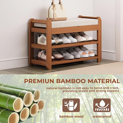 27.6" Bamboo Shoe Bench with Cushion, 5 Hooks Coat Rack, 2-Tier Storage Bench for Entryway, Heavy Duty Shoe Rack Organizer with Removable Soft Cushion for Living Room Bedroom Hallway