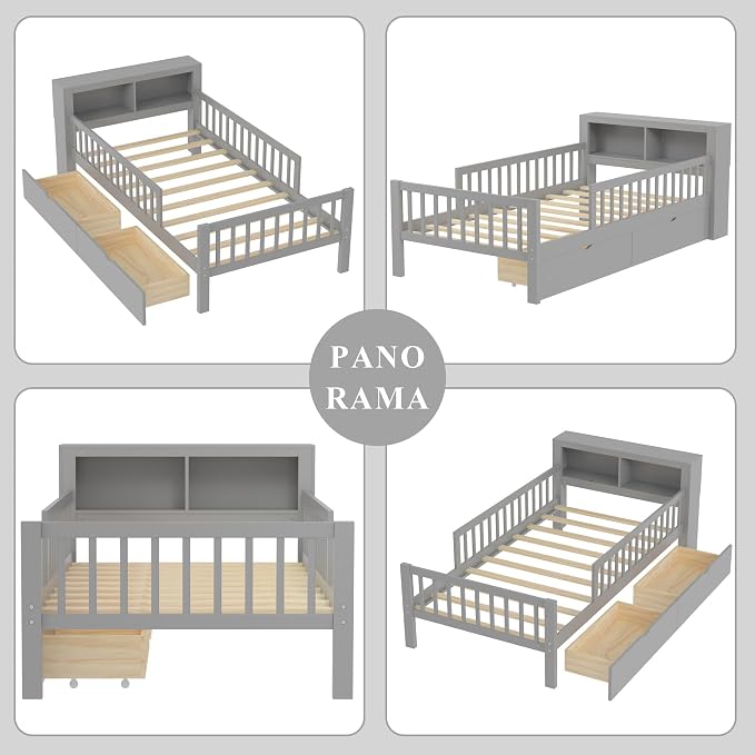 Bellemave Kids Twin Bed Frame with Fences, 2 Drawers & Storage Headboard, Twin Size Platform Bed with 3-Side Guardrails for Kids, Girls & Boys, Gray