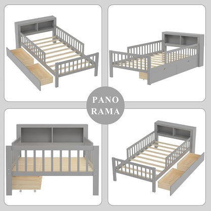 Bellemave Kids Twin Bed Frame with Fences, 2 Drawers & Storage Headboard, Twin Size Platform Bed with 3-Side Guardrails for Kids, Girls & Boys, Gray