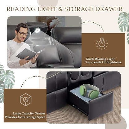 Power Reclining Loveseat with LED Reading Light/Storage Drawer, Power Loveseat Recliner Sofa, Reclining Loveseat with Bluetooth Speakers/Outlets/Breathing Leather (Brown, 2 Seat with Console)