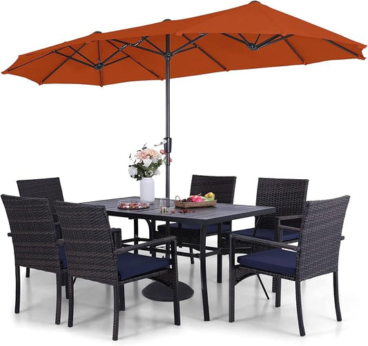 Sophia & William Patio Outdoor Table and Chairs Set with Umbrella Orange Red, Patio Dining Sets for 6, 7 Pieces Patio Table Set for Backyard Deck Porch Outside, Metal Table Rattan Chairs
