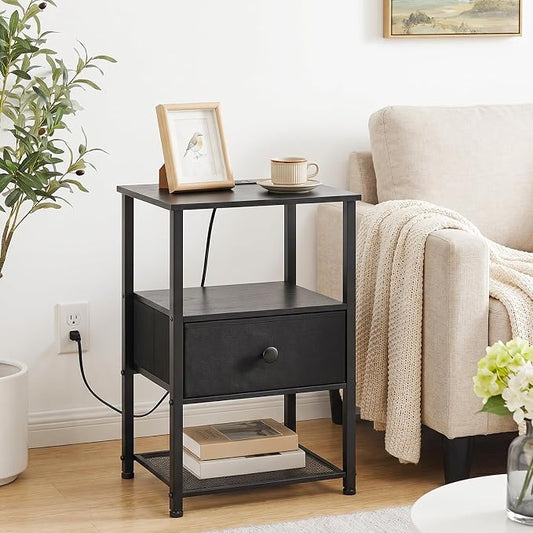 LOAKEKEL Nightstands Set of 2 with Charging Station, Night Stand with Fabric Drawer, End Tables Living Room with Storage Shelf for Small Spaces, Bed Side Tables for Bedroom, Black, HETS010BK