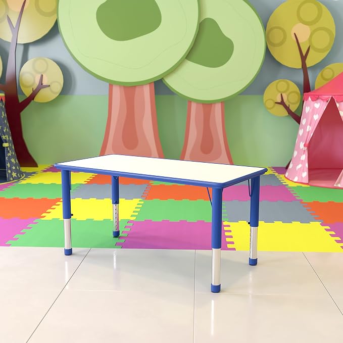 EMMA + OLIVER Adjustable Kids Activity Table for Home Use, Height-Adjustable Classroom Table for Kids, 23.625" W x 47.25" D x 14.5-23.5" H, Blue