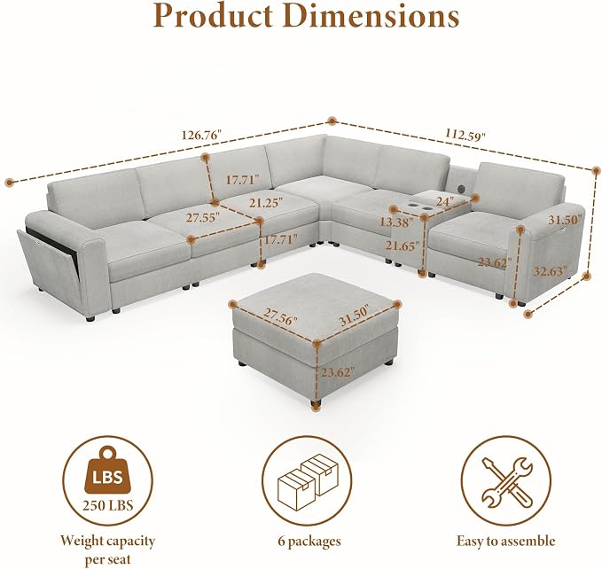 Vesgantti Oversized Modular Sectional Sofa, 6-Seater Chenille L Shaped Modular Sofa with Ottoman, 2 Cup Holders, USB Port, Storage Box, Sectional Couches for Living Room, Meeting Room, Light Grey