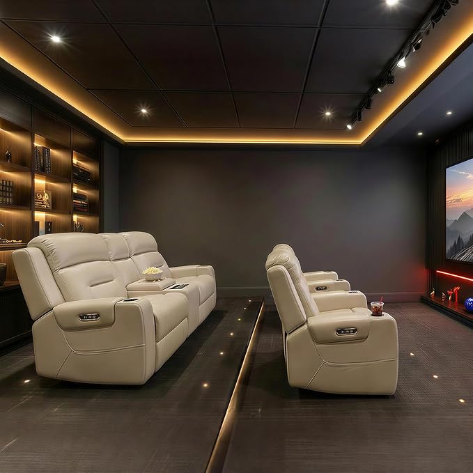 Watson & Whitely Oversized Genuine Leather Power Recliner Chairs for Big and Tall, Extra Wide Lay Flat Recliner with Power Headrest & Cup Holders, Electric Reclining Sofa for Living Room, Cream
