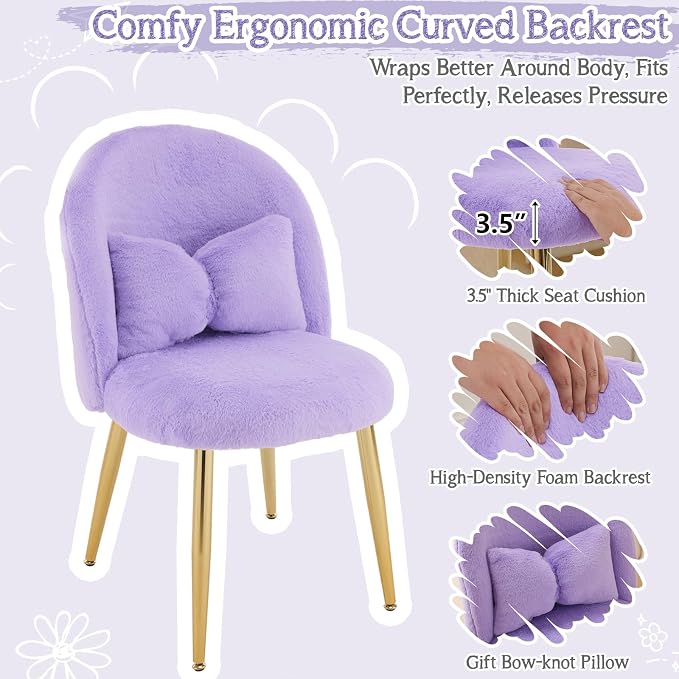 VINGLI Fluffy Girls Vanity Chair with Back & Pillow,Cute Small Cozy Desk Chair No Wheels,Comfy Makeup Ch with Ajustable Gold Legs,for Bedroom,Living Room,Small Space,Purple