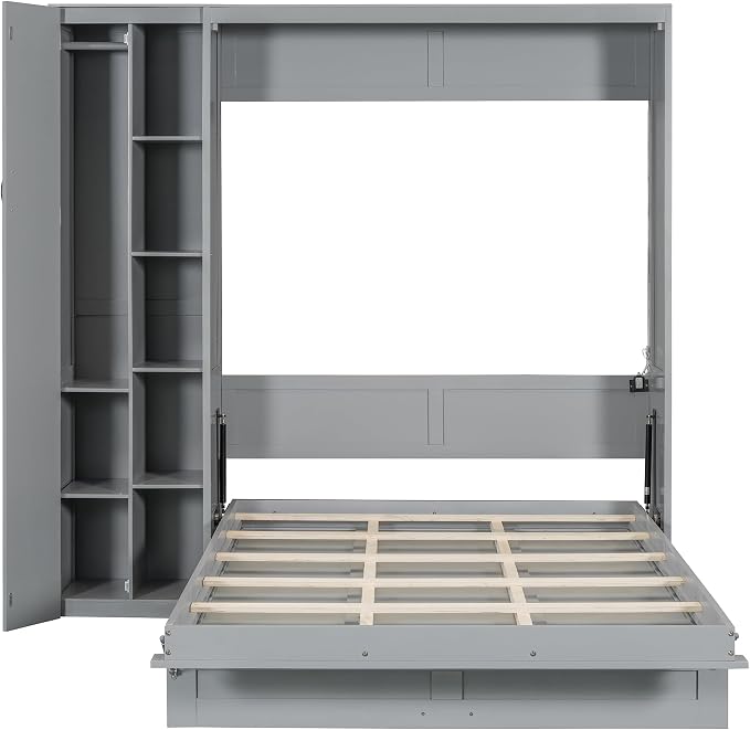 Merax Full Size Murphy Bed Wall Bed with Shelves, Drawers and LED Lights,Gray