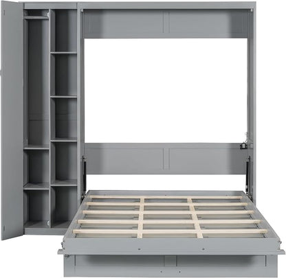 Merax Full Size Murphy Bed Wall Bed with Shelves, Drawers and LED Lights,Gray