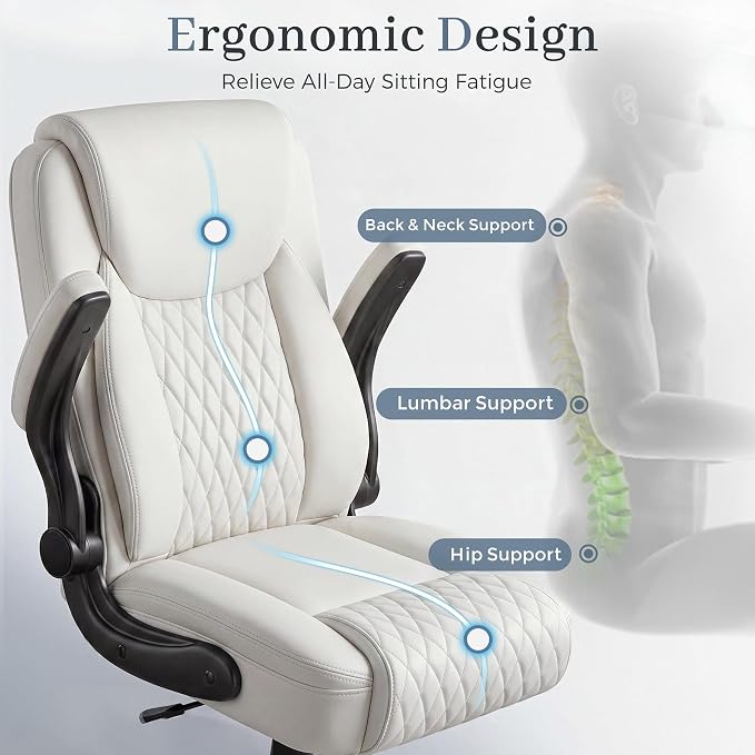 GTPOFFICE Executive Office Chair with Comfortable Lumbar Support, Ergonomic Gaming Chair with Flip-up Armrests & Zoned Pressure-Relief Cushion, Comfy PU Leather Desk Chair, White