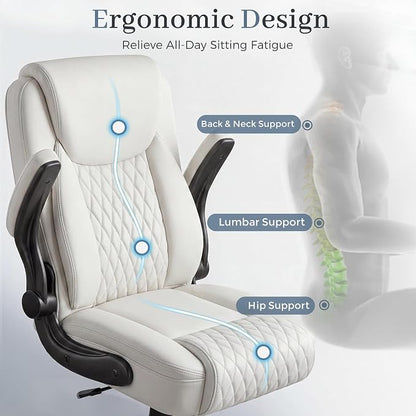 GTPOFFICE Executive Office Chair with Comfortable Lumbar Support, Ergonomic Gaming Chair with Flip-up Armrests & Zoned Pressure-Relief Cushion, Comfy PU Leather Desk Chair, White