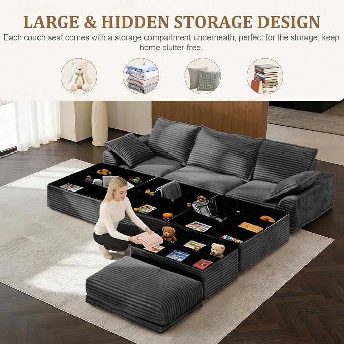 Upgrade Boneless Couch with Storage, Extra Deep&High Seat Modular Sectional Sofa 3 Seater L Shaped Cloud Couch with Ottoman, Tool-Free Assembly Sectional Couches for Living Room, Dark Grey