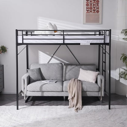 VINGLI Loft Bed Full Size with Flat Rungs for Adults, Kids and Young Teens, No Box Spring Needed,Heavy Duty Metal Slat Support,Black