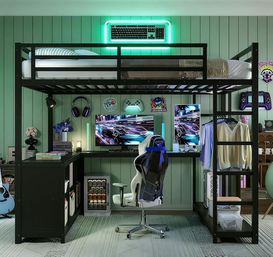 Bellemave Queen Size loft Bed with L Desk and Wardrobe, Metal Queen Size Loft Bed Frame for Adults, Kids, Teens, Black