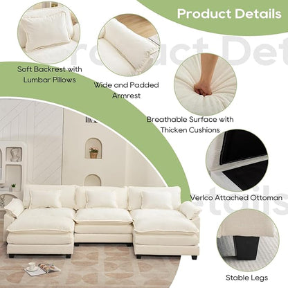 Oprisen 120" Modular Sectional Sofa, Comfy Cloud Couch Sectional Sofa with Ottoman, Chenille Sofa Sleeper Deep Seat Sofa with Throw Pillows for Living Room (Beige White, 120"- U Shape)