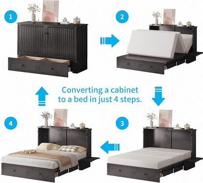 Mjkone Murphy Cabinet Bed Queen Size with Mattress Included, Multi-Functional Cube Cabinet Bed, Solid Wood Mobile Wall Beds Chest with USB Charging Station, Storage Drawers for Living Room, Dark Grey
