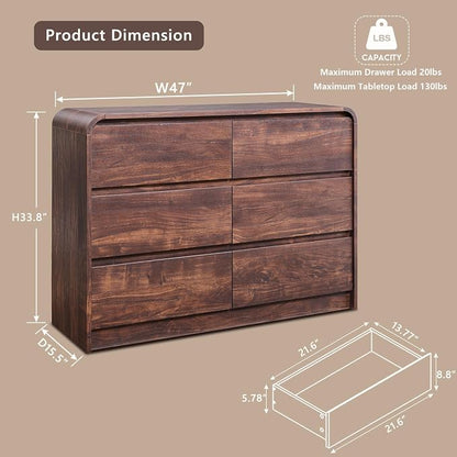 Aitjunz Modern 6 Drawers Dresser for Bedroom, 47" Wide Wood Dressers & Chests of Drawers w/Curved Profile Design, Mid Century Modern Dresser w/Natural Texture for Bedroom, Living Room, Brown