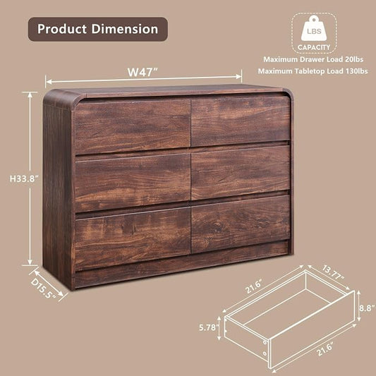 Aitjunz Modern 6 Drawers Dresser for Bedroom, 47" Wide Wood Dressers & Chests of Drawers w/Curved Profile Design, Mid Century Modern Dresser w/Natural Texture for Bedroom, Living Room, Brown
