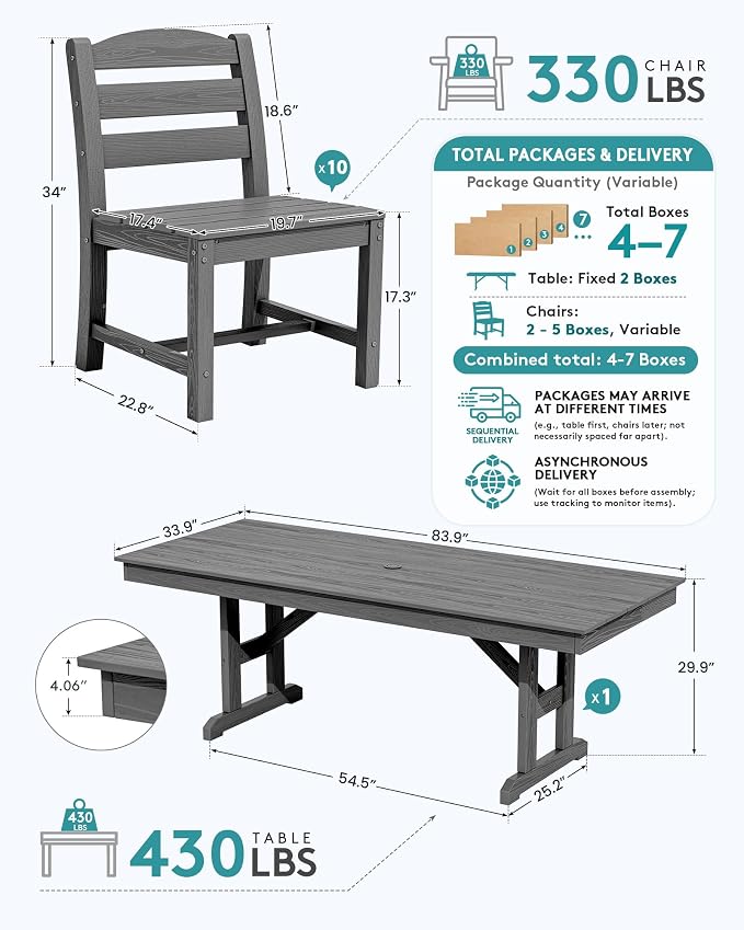 SERWALL 9 Piece 84" HDPE Outdoor Dining Set for 8 with Armless Chairs and Umbrelle Hole, Gray