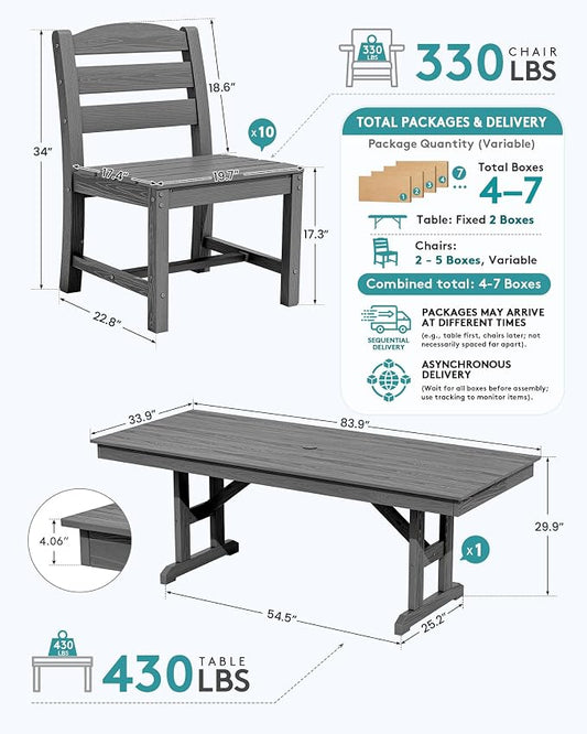SERWALL 9 Piece 84" HDPE Outdoor Dining Set for 8 with Armless Chairs and Umbrelle Hole, Gray