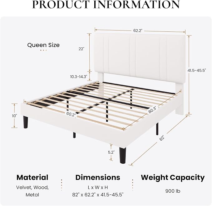 SHA CERLIN Queen Size Platform Bed Frame, Velvet Upholstered Bed with Adjustable Headboard, Vertical Channel Tufted Design, Sturdy Wood Slat Support, No Box Spring Needed, Easy Assembly, White