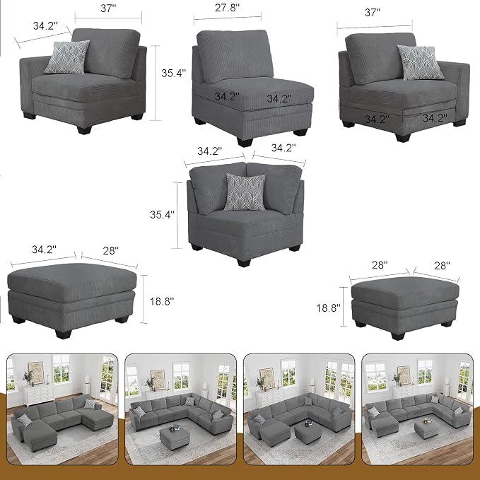Legend Vansen Oversized Modular Sectional Sofa,6 Seat U Shaped Couch with Ottoman,Corduroy Sofa with Deep Seat,Convertible Large Sectional Couches for Living Room (Grey, U-6)