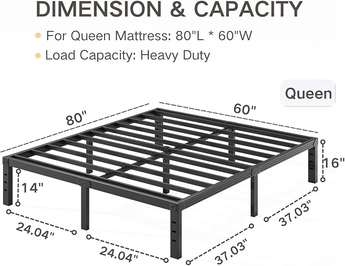 Queen Size Bed Frame 16 Inches High, Heavy Duty Steel Slats with Heavy Duty Support for Mattress,No Box Spring Needed, Noise-Free,Easy Assembly
