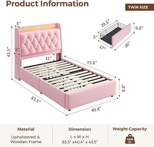 Twin LED Velvet Bed Frame with 2 Storage Drawers&Hidden Headboard, Upholstered Platform Bed with Charging Station&Button Tufted Design, Wooden Slats Support, Box Spring Optional, Easy Assembly, Pink