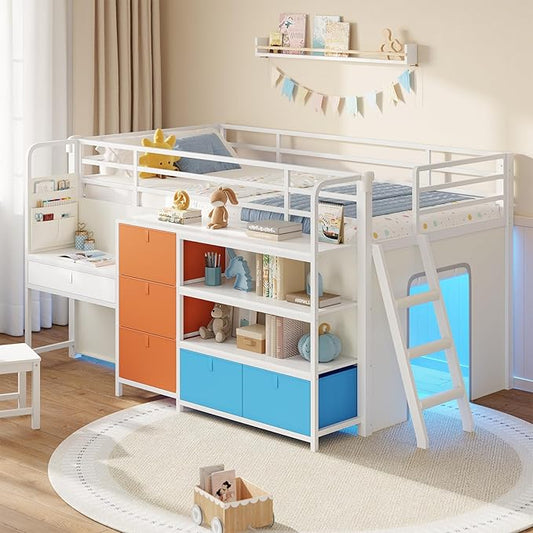 DICTAC Low Loft Bed with Desk and 6 Storage Drawers Twin Loft Bed with Bookshelf,LED Lights & Under-Bed Play Space,Kids Twin Beds with 13.8''H Safety Guardrail,Inclined Ladder & Play Curtain,Colorful