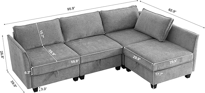 ORRD Corner Modular Sectional Sofa Set, Convertible L Shaped Couch with Storage, 4 Seater Sofa Modular for Living Room, Office (Grey)