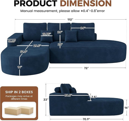 112" Modular Curved Sofa, Oversized Couches for Living Room, Modern Cloud Couch with Deep Seat, Corduroy Foam Couch, No Assembly Required, Navy Blue, 1PCS