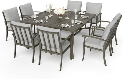 HAPPATIO 9 Piece Patio Dining Set, Aluminum Outdoor Dining Set for 8, 59" Large Square Dining Table with Umbrella Hole and 8 Chairs, Outdoor Table and Chairs for Lawn Yard Patio