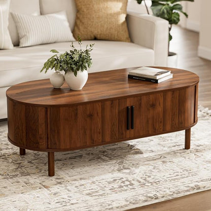 ZttRiee Oval Coffee Table with Sliding Doors, Mid-Century, Walnut | 47.24"L x 21.65"W x 16.14"H, 200 lbs capacity, 2 front & back storage areas, ~60 min assembly