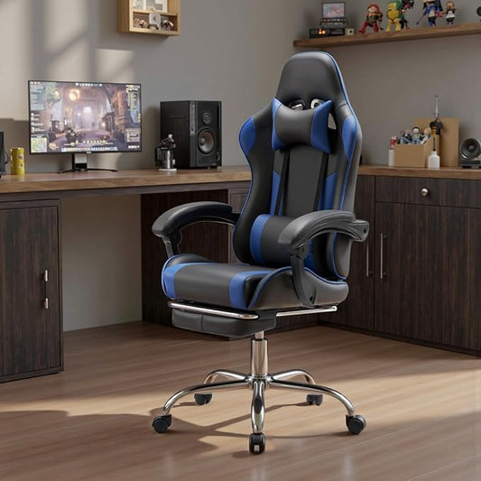 DUMOS Ergonomic Gaming Office Desk Chair with Linkage Armrests for Adults, Height Adjustable Computer Chair with Footrest and Headrest, PU Leather 360° Swivel Recliner with Lumbar Support, Deep Blue