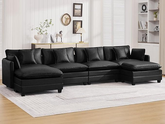 147'' Sectional Cloud Deep Seat Couch, Oversized Leather U Shaped Sectional Sofa for Living Room Set, Comfy Upholstered Modular Sectional Sofa Couch with Movable Ottoman, Leather Black