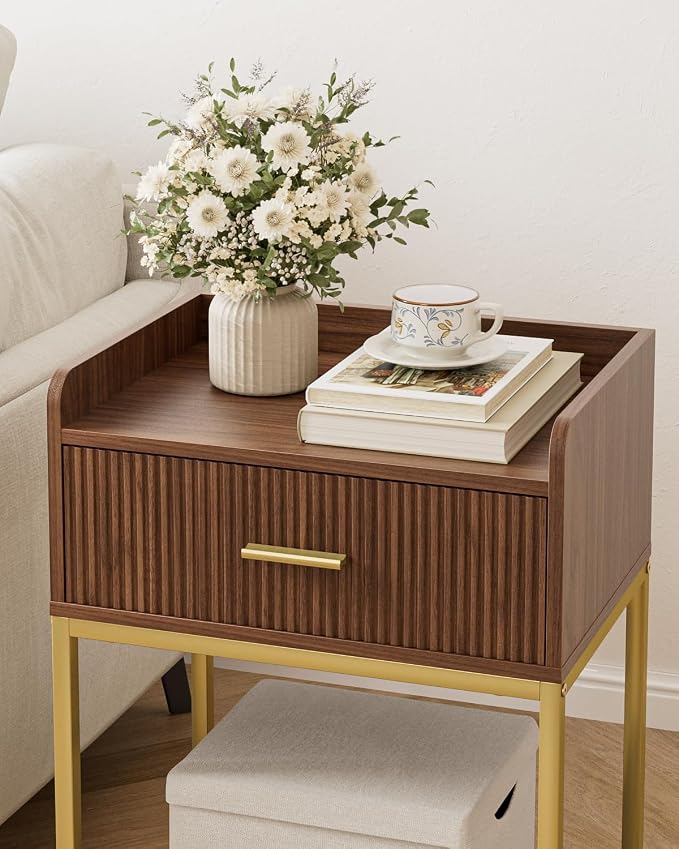 Nightstand, 3-Tier Bed Side Table, Small End Table, Night Stand with Open Shelf and Drawer, Bedside Table for Bedroom, Living Room, Walnut