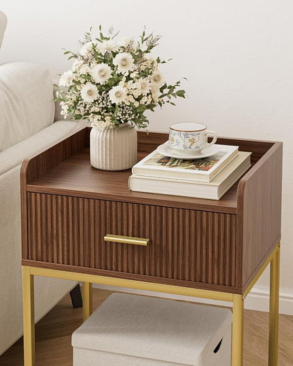 Nightstand, 3-Tier Bed Side Table, Small End Table, Night Stand with Open Shelf and Drawer, Bedside Table for Bedroom, Living Room, Walnut