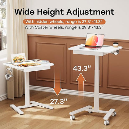 Small Mobile Standing Desk with Drawer, 23.6"x19.7" Rolling Laptop Cart on Wheels, Height Adjustable Sit Stand Computer Workstation with Storage for Compact Space, White