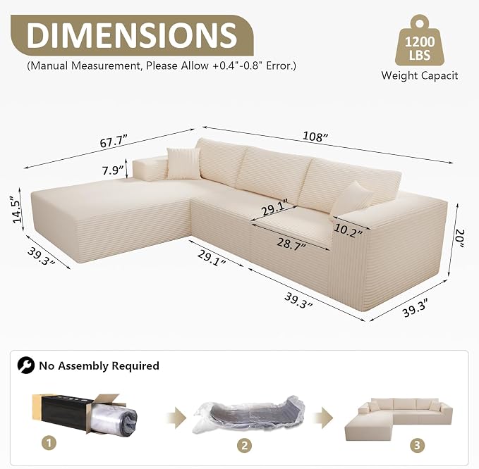 WHGBJA 108" Modular Sectional Sofa — Oversized Cloud Couch with L-Shape Chaise, Upholstered 3-Seat Modular Sectional for Living Room (Beige)