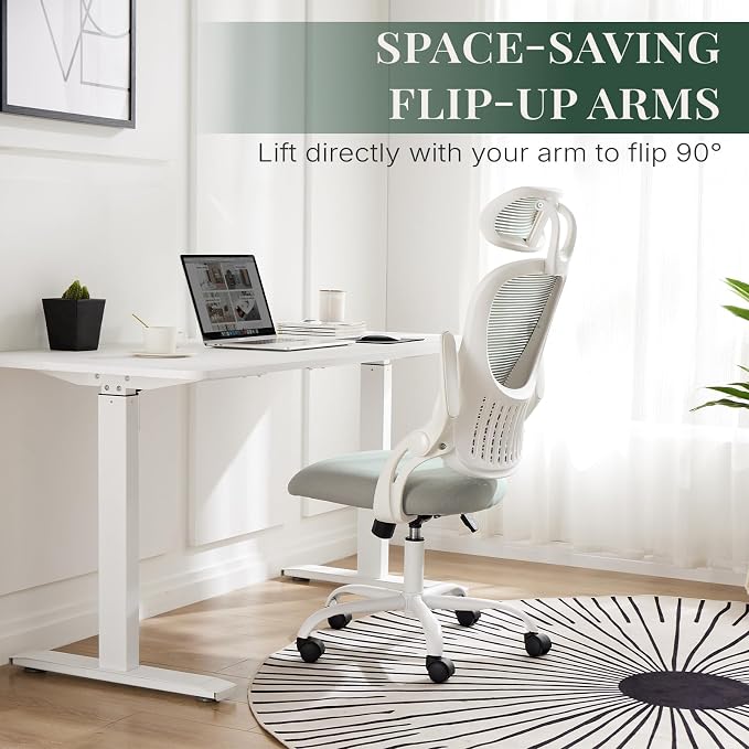 Ergonomic Office Chair, Comfy Desk Chair with Wheels, Adjustable Headrests, Flip-Up Armrests, Breathable Mesh High-Back, Comfortable Swivel Seating for Home Computer, Grey
