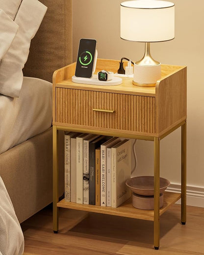 Nightstand with Charging Station, 3-Tier Bed Side Table, Small End Table, Night Standwith Open Shelf and Drawer, Bedside Table for Bedroom, Living Room, Oak