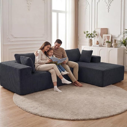 DUMOS 108" L-Shaped Sectional Boneless Couch for Living Room, Upholstered Corduroy Sofa with Deep Seat for Small Apartment, Bedroom, No Assembly in a Box, Right Facing Chaise, Grey