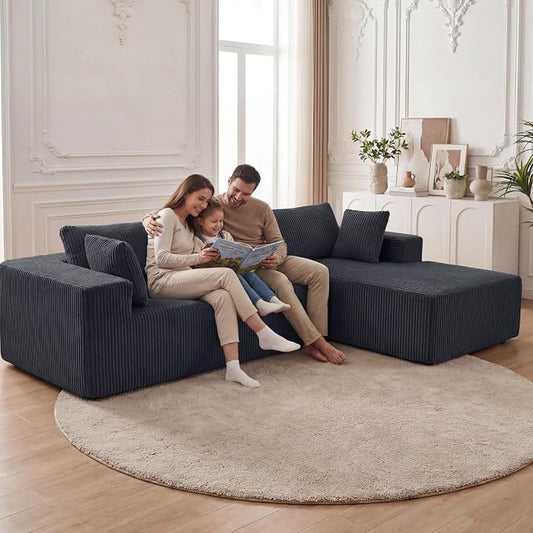 DUMOS 108" L-Shaped Sectional Boneless Couch for Living Room, Upholstered Corduroy Sofa with Deep Seat for Small Apartment, Bedroom, No Assembly in a Box, Right Facing Chaise, Grey