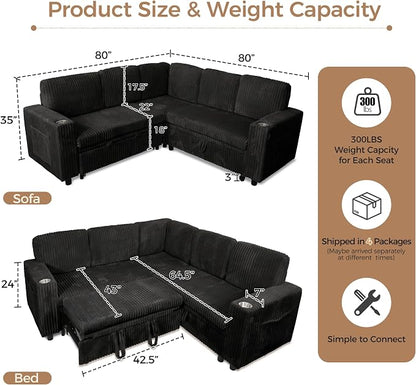 Sectional Sleeper Sofa with Pull Out Bed, 5-Seat L-Shaped, Black | Plush Corduroy Modular Couch with Hidden Storage, USB Charging & Cup Holders, Cozy Small Sectional Couches for Living Room.