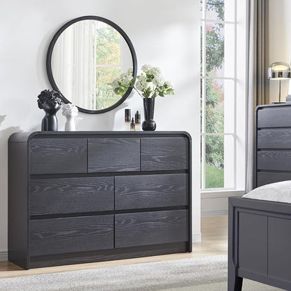 Aitjunz Modern 7 Drawers Dresser for Bedroom, 47" Wide Wood Dressers & Chests of Drawers w/Curved Profile Design, Mid Century Modern Dresser w/Natural Texture for Bedroom, Living Room, Black