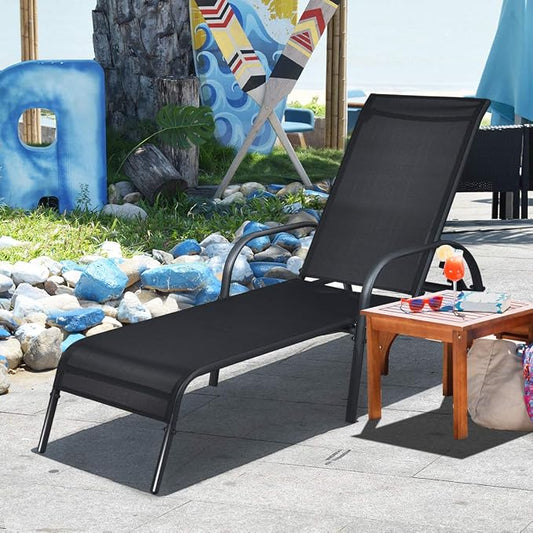 Giantex Patio Lounge Chair, Outdoor Chaise Lounge with 5 Adjustable Backrest, Sturdy Steel Frame, Sunbathing Recliner, Beach Chair, Tanning Chair for Outside, Yard, Balcony, Pool Chairs, Black