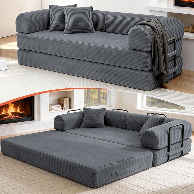 78.8" Memory Foam Boneless Couch, Corduroy Floor Sofa Bed, Convertible Sleeper Futon Loveseat, Wide Armrests & Back Support, Supports Up to 1200 lbs, Couch in a Box with 2 Pillows, Dark Grey