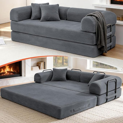 78.8" Memory Foam Boneless Couch, Corduroy Floor Sofa Bed, Convertible Sleeper Futon Loveseat, Wide Armrests & Back Support, Supports Up to 1200 lbs, Couch in a Box with 2 Pillows, Dark Grey