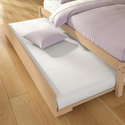 Grain & Grove Bear Twin Over Full Bunk Bed with Trundle Bed, Sturdy Bunk Bed Frame for Kids, Plywood Bunk with Ladder, Guardrail, and Slats, No Box Spring Required, Oak Embossed Natural