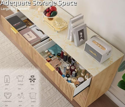 Fluted 6 Drawers Dresser for Bedroom with Faux Marble Top, 56" Wide Chest of Drawers Closet Clothes Storage Organizer, Modern TV Stand Dressers for Living Room, Hallway, Natural Oak